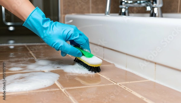 Obraz Cleaning tile grout with brush and soap in a bathroom setting on a bright afternoon