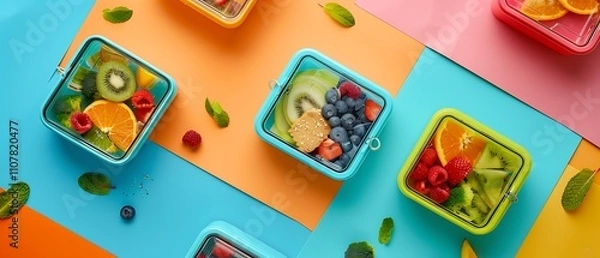 Fototapeta A top-down view of diverse Asian cuisine dishes neatly packed for meal prep or takeaway service, Open lunch boxes for school, containing sandwiches and fruit. Pink background. Gentle colors
