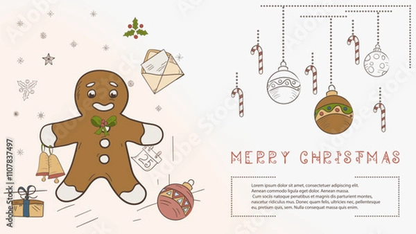 Fototapeta Christmas colored contour illustration in the style of childrens doodles with the text Lorem Ipsum Gingerbread Man