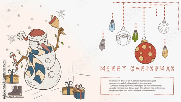 Fototapeta Christmas colored contour illustration in the style of childrens doodles with the text Lorem Ipsum The Snowman rings the Christmas bell