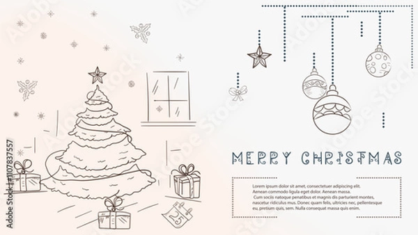 Fototapeta Christmas contour illustration in the style of childrens doodles with the text Lorem Ipsum a festive fir tree and a number of gifts