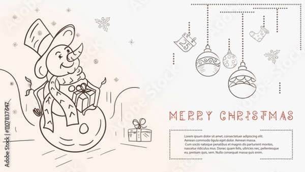 Fototapeta Christmas contour illustration in the style of childrens doodles with the text Lorem Ipsum a snowman in a top hat