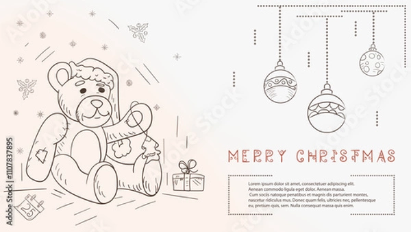 Fototapeta Christmas contour illustration in the style of childrens doodles with the text of Lorem Ipsum a bear toy in a Santa hat