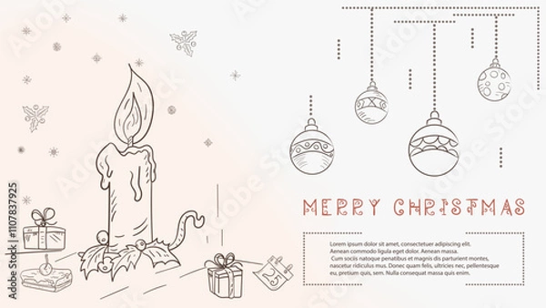 Fototapeta Christmas contour illustration in the style of childrens doodles with the text of Lorem Ipsum a Christmas candle and a number of gifts