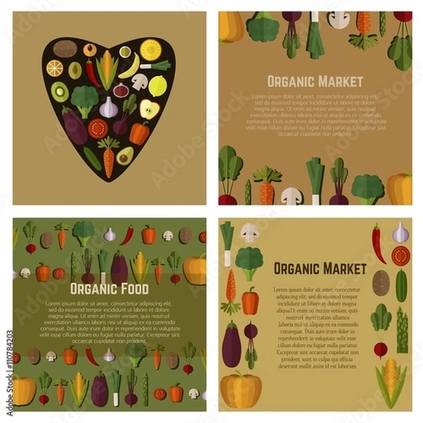 Fototapeta Banner or flyer templates vector set. Organic fruits and vegetables. Illustration of healthy food made in flat style. Place for your text.
