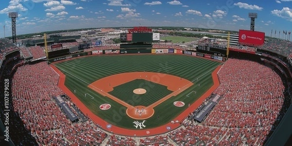 Fototapeta A panoramic view shows a full crowd at a baseball stadium with clear skies. The field and stands are bathed in sunlight, conveying a lively atmosphere.