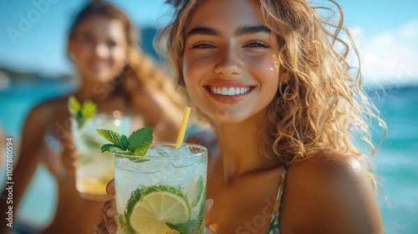 Obraz happy young people toasting mojito drinks at beach cocktail bar youth and summertime concep