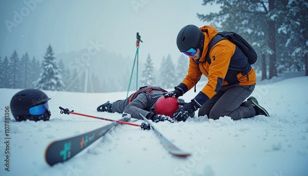 Fototapeta Ski instructor providing first aid to a fallen skier on a snowy slope