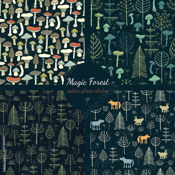 Obraz Seamless patterns set. Cute and childish patterns with Forest Trees, Animals, Mushrooms. Hand drawn illustration made in Vector. Can be used for wallpapers, pattern fills, surface textures, textile.