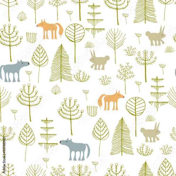 Fototapeta Forest seamless pattern. Hand drawn illustration of Trees and Animals made in Vector. Childish background. Can be used for pattern fills, wallpapers, web page backgrounds, surface textures, textile.