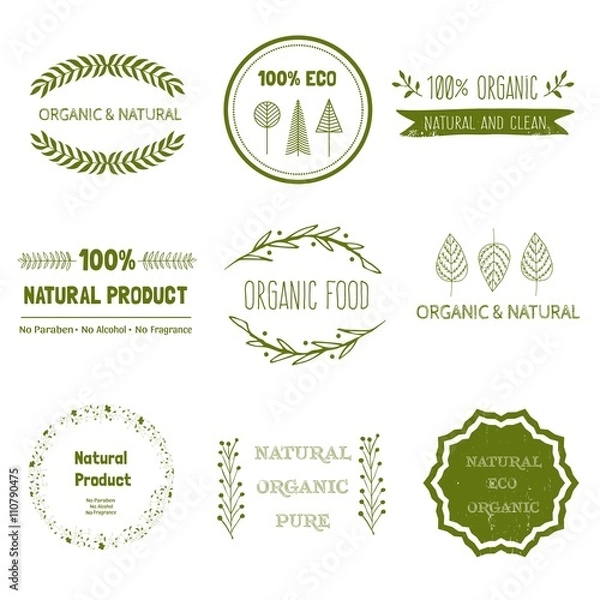 Fototapeta Logotypes set. Logo, Badges, labels, ribbons, plants elements,wreaths and laurels green branches. Organic, bio, ecology, eco natural design template. Hand drawn elements.