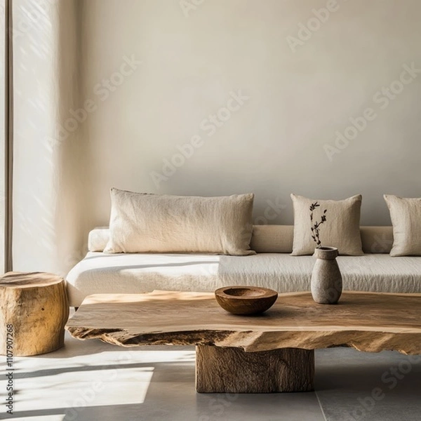 Fototapeta Minimalist interior design of modern living room with earthy tones, featuring a neutral sofa and a rustic wooden.