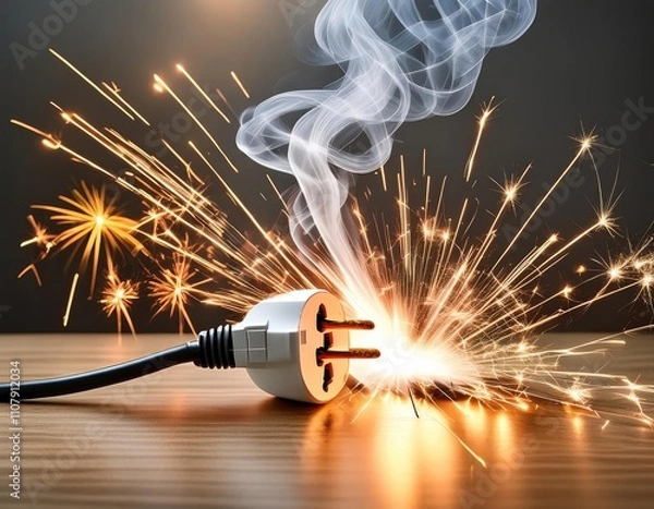 Fototapeta An indoor electrical socket on the wall producing dangerous sparks, fire, and smoke. Generated with AI