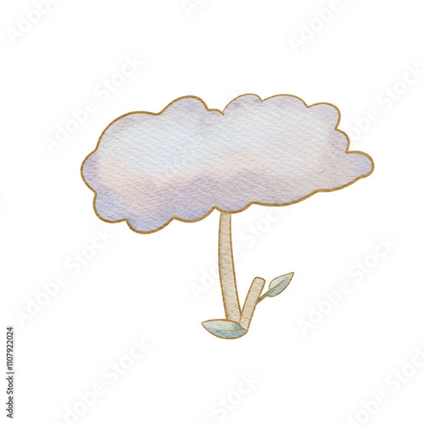 Fototapeta Whimsical PNG watercolor pastel purple cloud flower with branches and leaves, perfect for fantasy designs, digital art, invitations, scrapbooking, and nature-themed projects.