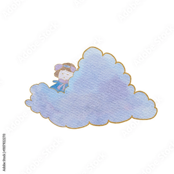 Fototapeta Adorable PNG watercolor pastel purple character peacefully sleeping beside a big fluffy cloud. Perfect for children's designs, digital art, scrapbooking, invitations, and whimsical projects.