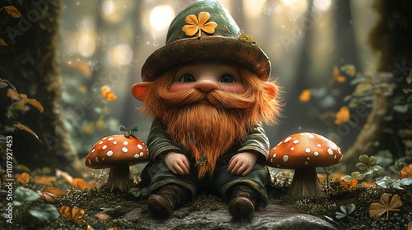 Fototapeta Whimsical gnome with a bright beard resting among mushrooms in a fantasy forest setting. Generative AI