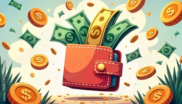 Fototapeta Cartoon wallet bursting with colorful bills and coins, playful and vibrant money background