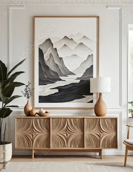 Obraz Light-Filled Scandinavian Living Room with Artistic Wooden Details Ai generated Images