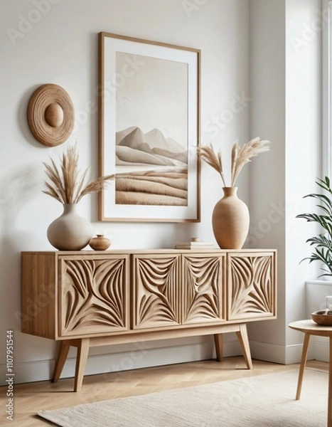 Obraz Elegant Scandinavian Living Room with Artistic Wooden Sideboard Ai generated Images