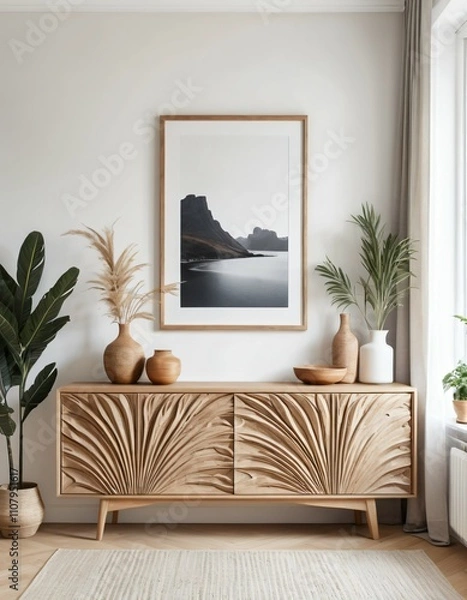Obraz Stylish Scandinavian Living Room with Wooden Texture and Mock-Up Ai generated Images