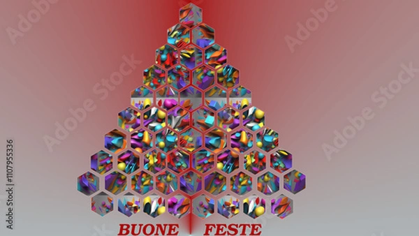 Obraz Sfondo sfumato rosso con albero di natale formato da esagoni con forme astratte colorate e con la scritta buone feste