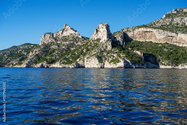 Fototapeta View from the Mediterranean Sea to the rocky coast of the Calanque National Park on a sunny summer day.