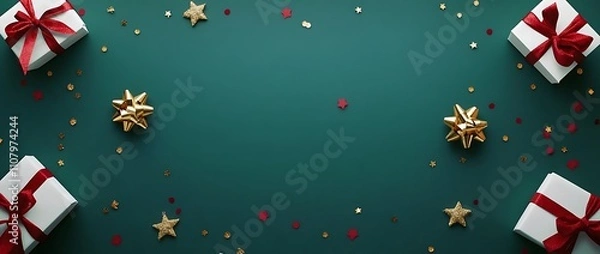 Obraz green background with red and gold ribbon bows, golden stars, white gift boxes, confetti on the sides, top view, flat lay, space for text, minimal concept, in the style of an art director. 