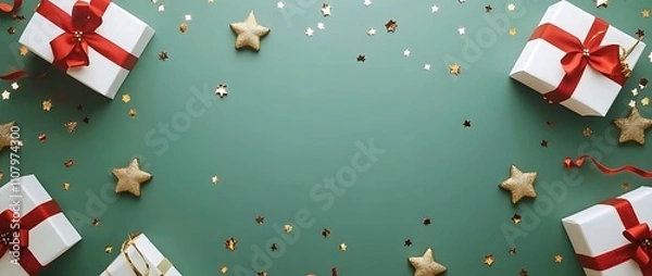Obraz green background with red and gold ribbon bows, golden stars, white gift boxes, confetti on the sides, top view, flat lay, space for text, minimal concept, in the style of an art director. 