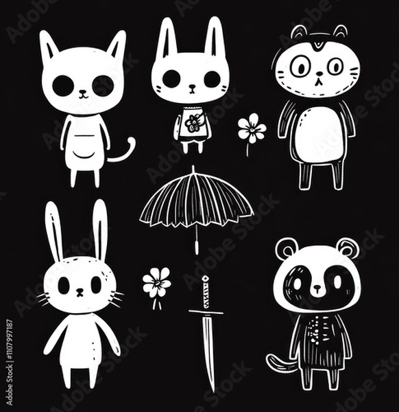 Obraz A collection of adorable animal characters, including a cat, rabbit, and panda, stand under an umbrella surrounded by flowers. The whimsical design highlights creativity