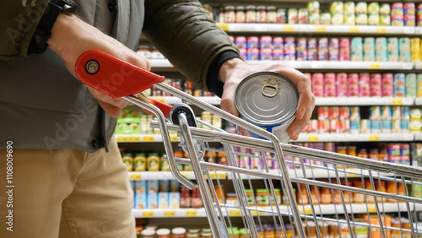 Obraz A customer putting a tin of canned food into a shopping trolley