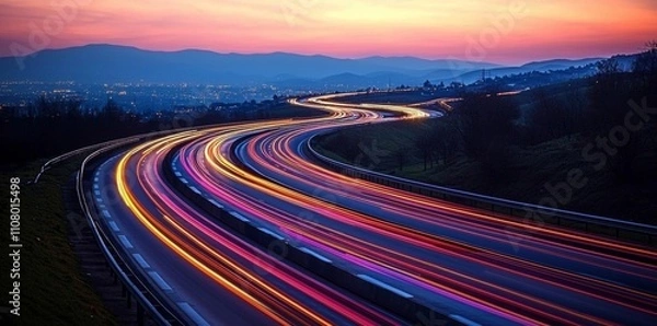 Obraz Photo of a highway at night. Neon night highway track with colorful lights and trails , isolated on white background,  , copy space, copy space for text,