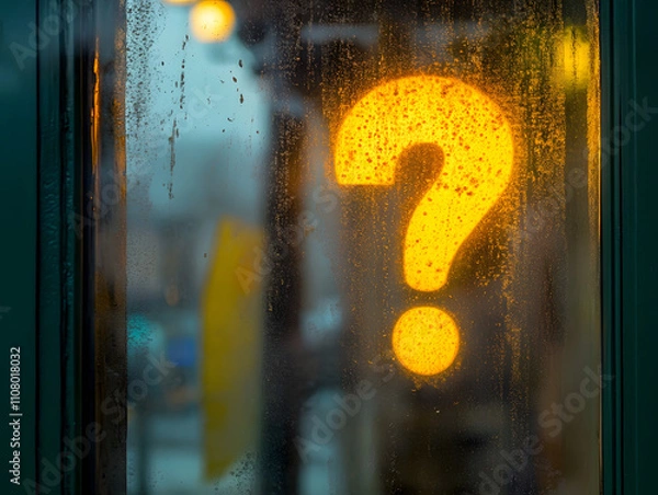 Fototapeta glowing question mark on steammy window creates mysterious atmosphere. condensation adds depth, enhancing visual intrigue of scene