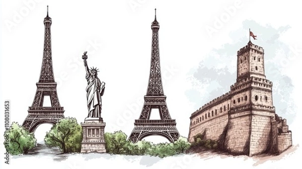 Fototapeta Famous travel landmarks illustration of the eiffel tower statue of liberty and great wall in millennial gray artistic view global culture