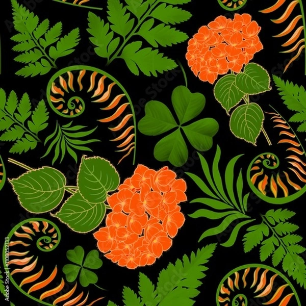 Fototapeta Small orange flowers and leaves, clover. Ditsy print. Floral seamless repeating pattern background.