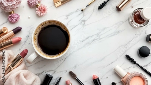 Obraz A coffee cup with a rich crema on top is in the center of the image, surrounded by cosmetics. The background features a marble countertop with beauty tools.