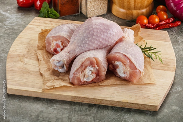 Obraz Raw uncooked chicken drumsticks over board