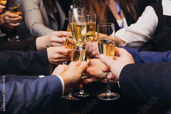 Fototapeta Group of businessmen celebrate, closing successful concluded deal, guests clinking raise glasses with alcohol, sparkling wine, toasting and cheering, colleagues team in office on corporate party event