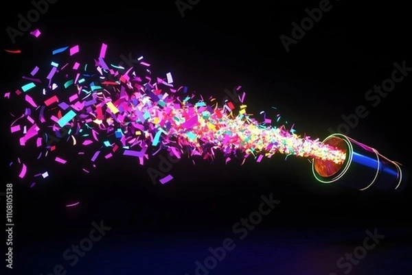 Fototapeta A dynamic neon outline of a confetti cannon shooting vibrant paper pieces on a black background.