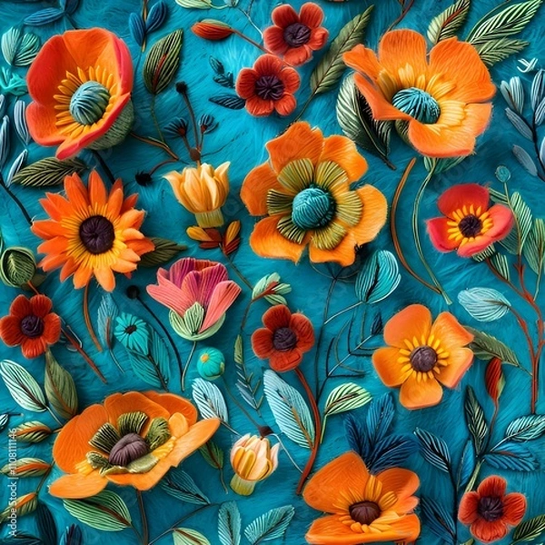 Obraz Seamless 3d embroidered floral pattern
