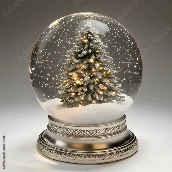 Fototapeta A sparkling snow globe with a delicate silver base rests on a white background; inside, a miniature Christmas tree laden with tiny ornaments glows warmly, evoking cozy winter nights and holiday cheer.