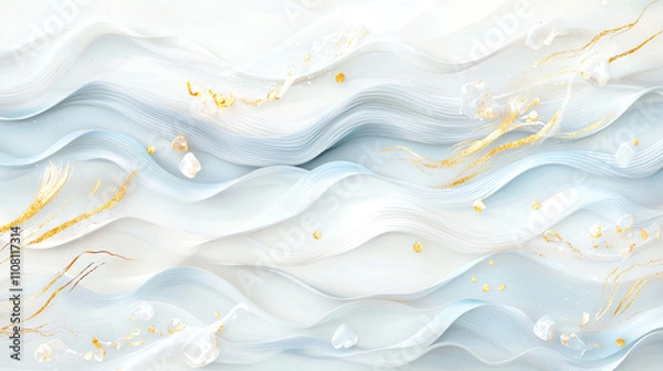 Fototapeta Abstract background with white and gold waves. 3d rendering, 3d illustration.