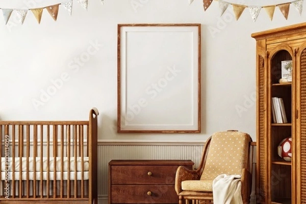 Obraz Vintage inspired nursery with wooden furniture, warm tones, and soft accents, featuring a blank frame for personalization and bunting for added charm
