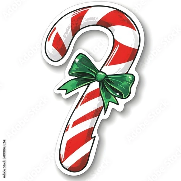 Obraz A Festive Candy Cane Sticker with Green Bow