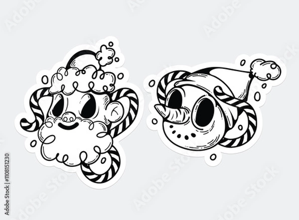 Obraz Elegant vector stickers with Santa Claus and snowman: graceful drawings with black lines, isolated from light background. Stylish minimalism for holiday decor and creating unique design.