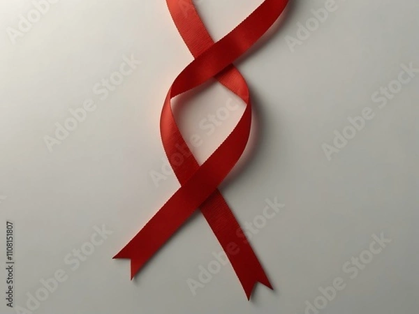 Fototapeta Red ribbon on a white background with soft lighting, space for text.