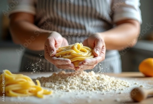 Fototapeta Chef's hands making dough and spaghetti, close up