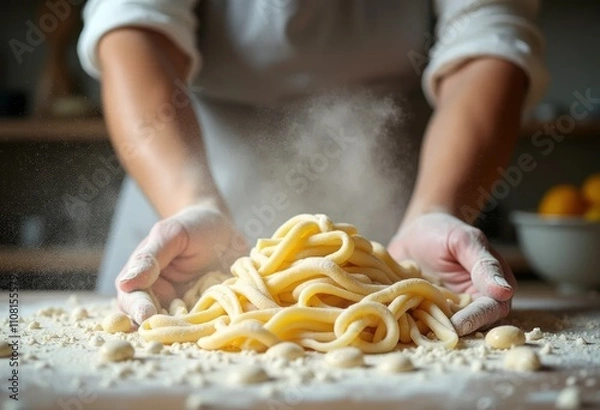 Fototapeta Chef's hands making dough and spaghetti, close up