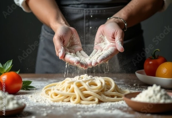 Fototapeta Chef's hands making dough and spaghetti, close up