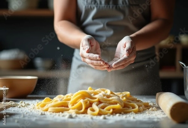 Fototapeta Chef's hands making dough and spaghetti, close up