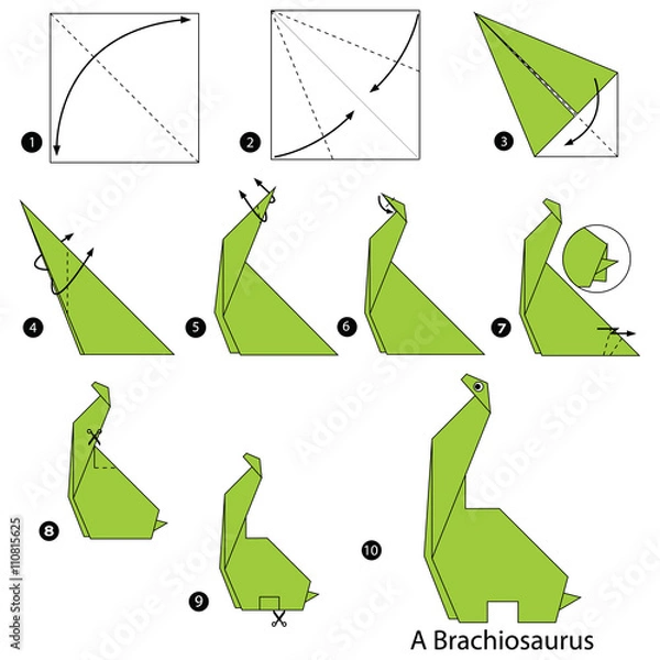 Obraz Instrukcje krok po kroku, jak zrobić origami dinozaura.
